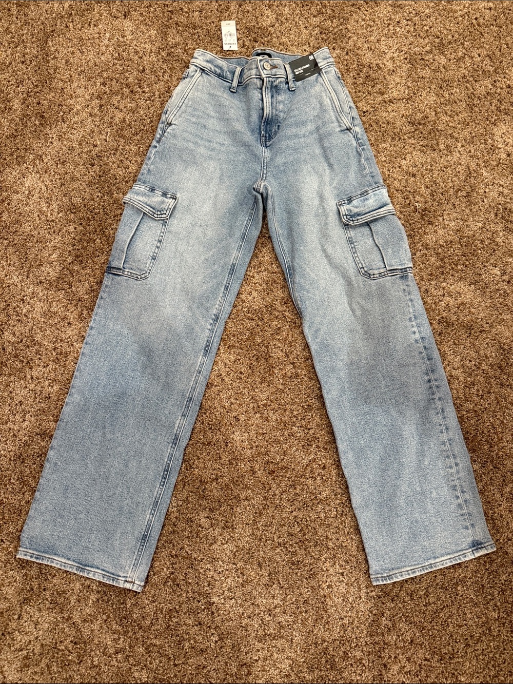 Express Women's Light Blue High-Rise Cargo Jeans